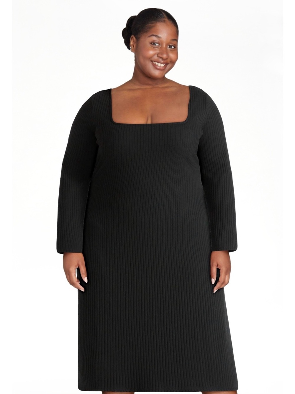 Terra & Sky Black Ribbed Knit Square Neck Long Sleeve Dress
